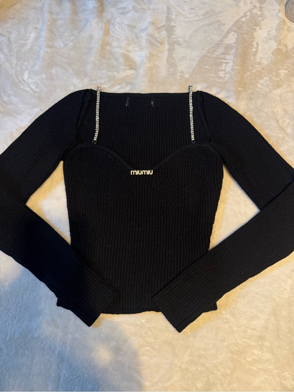 Miu Miu Black Ribbed Knit Crop Top with Crystal Strap and Logo